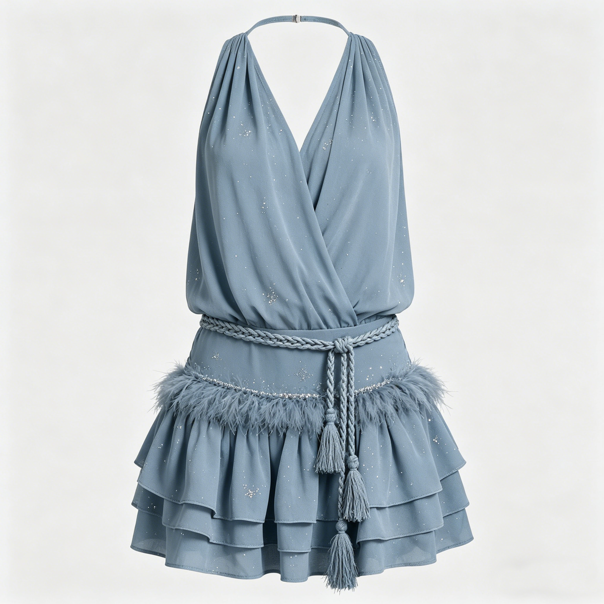 Dusty Blue Halter Glitter Feather Tiered Mini Dress