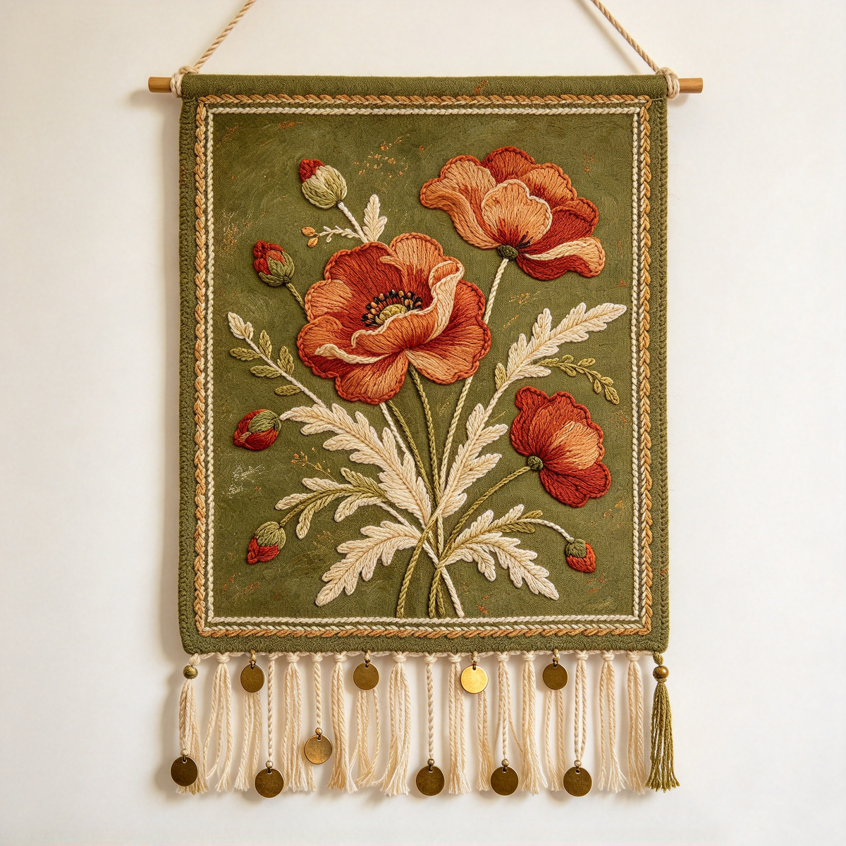 Olive Poppy Coin Fringe Tapestry