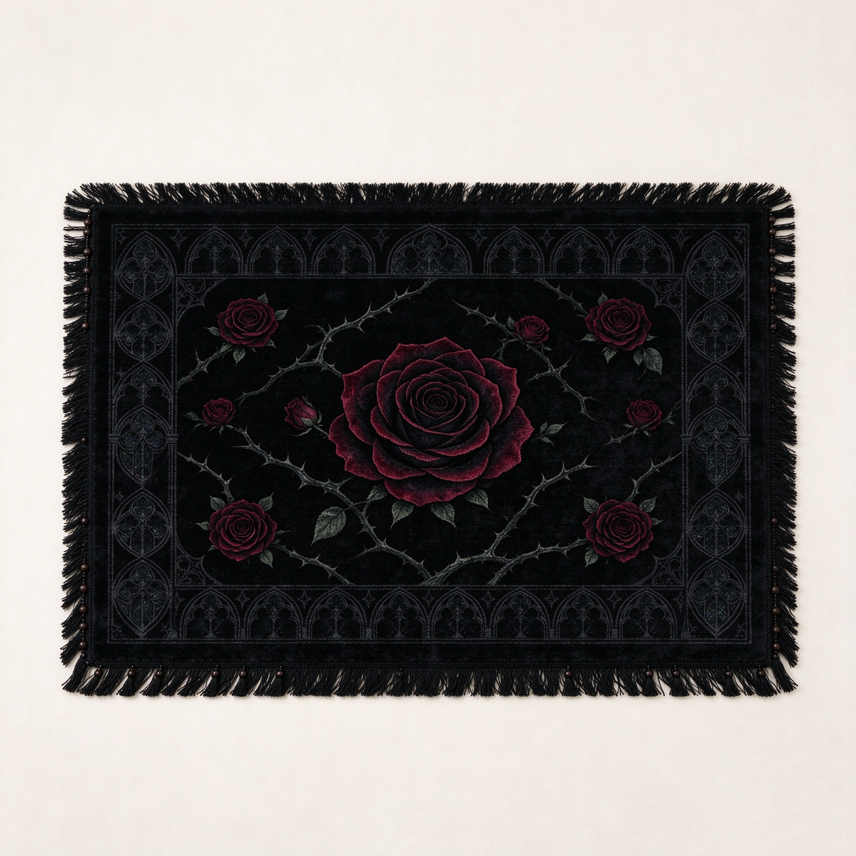 Gothic Black Rose Fringe Rug