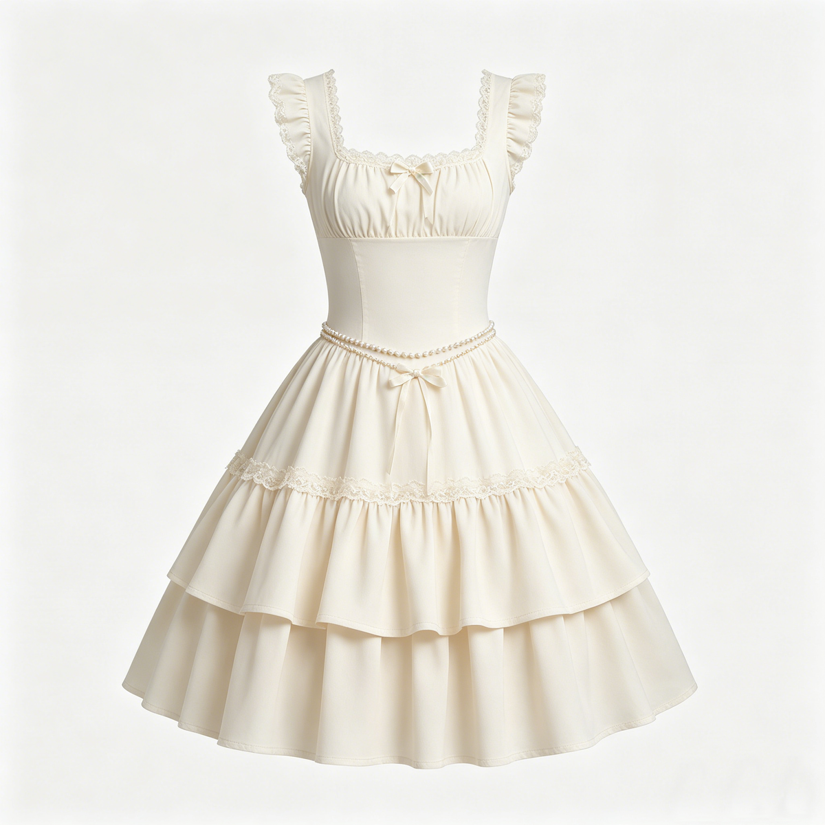 Cream Square Neck Lace Pearl Tiered Midi Dress