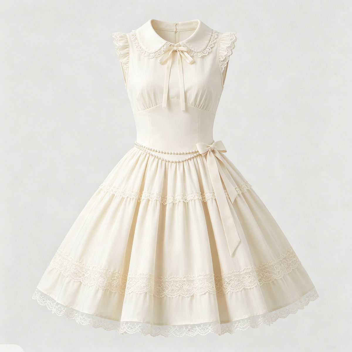 Cream Peter Pan Collar Lace Pearl Tiered Midi Dress