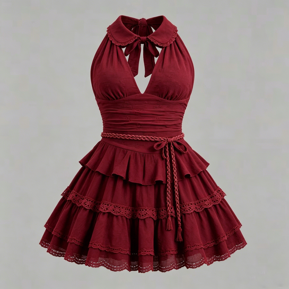 Burgundy Halter Lace Tiered Ruffle Mini Dress