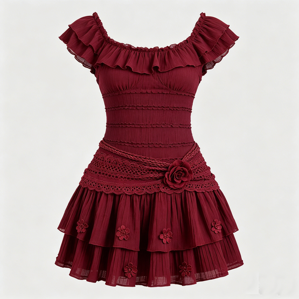 Burgundy Off-Shoulder Flower Embroidered Tiered Dress