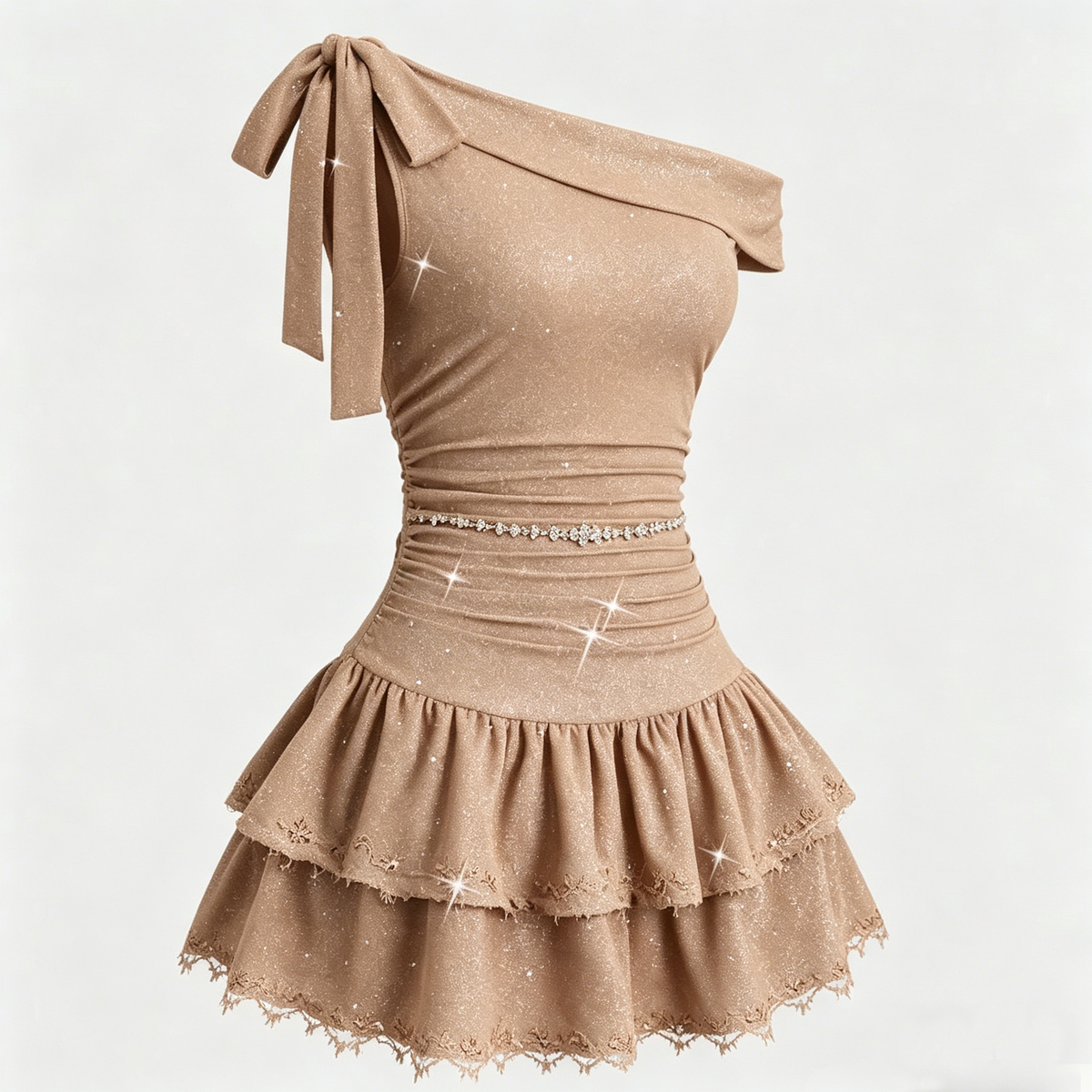Champagne Gold One-Shoulder Bow Glitter Tiered Mini Dress