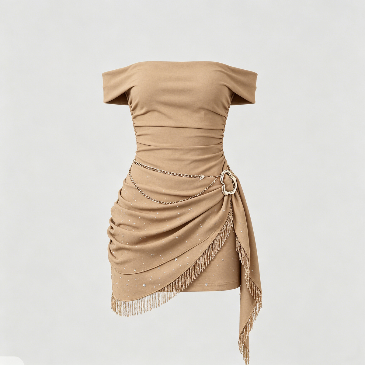 Khaki Off-Shoulder Rhinestone Fringe Asymmetrical Mini Dress