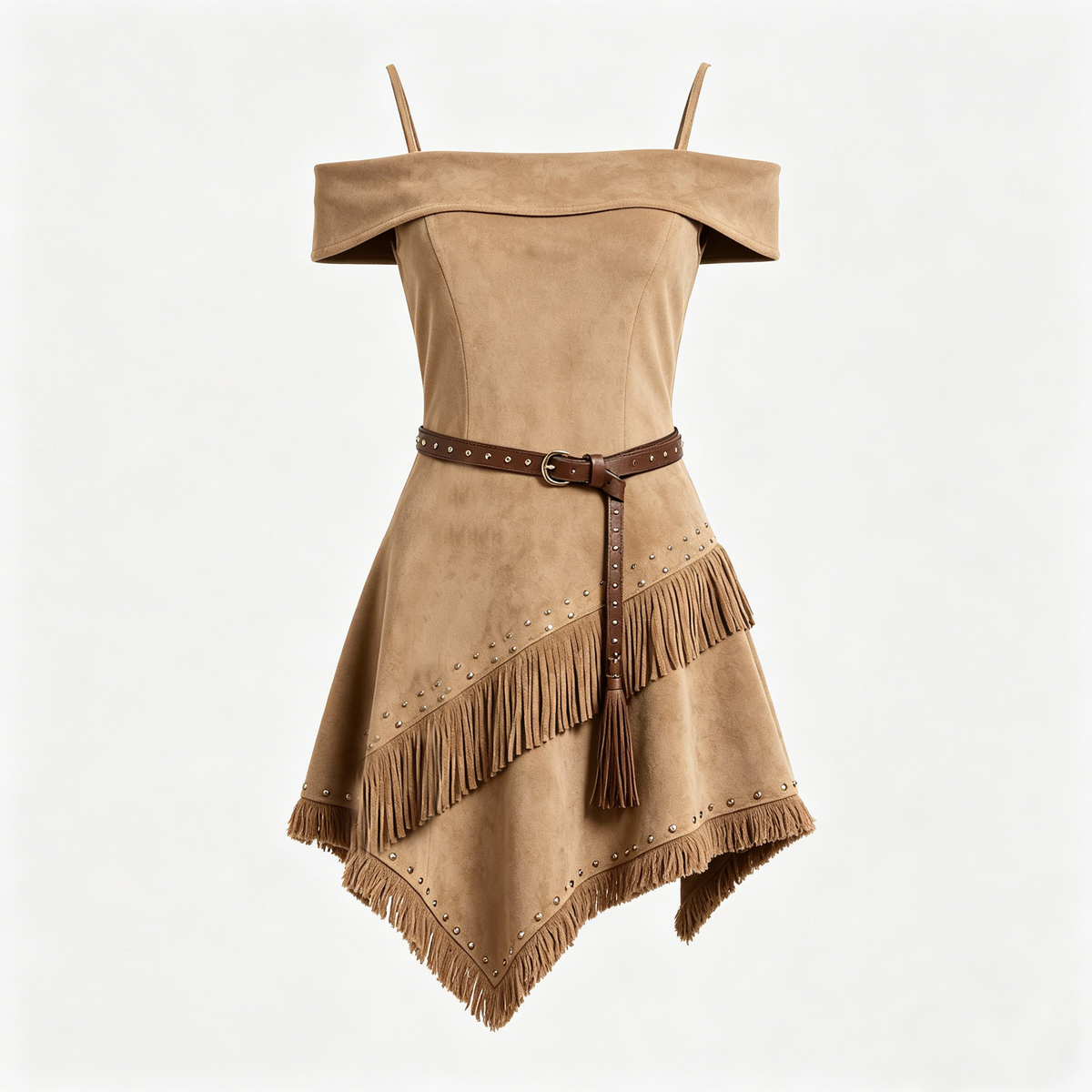 Khaki Suede Off-Shoulder Studded Fringe Mini Dress