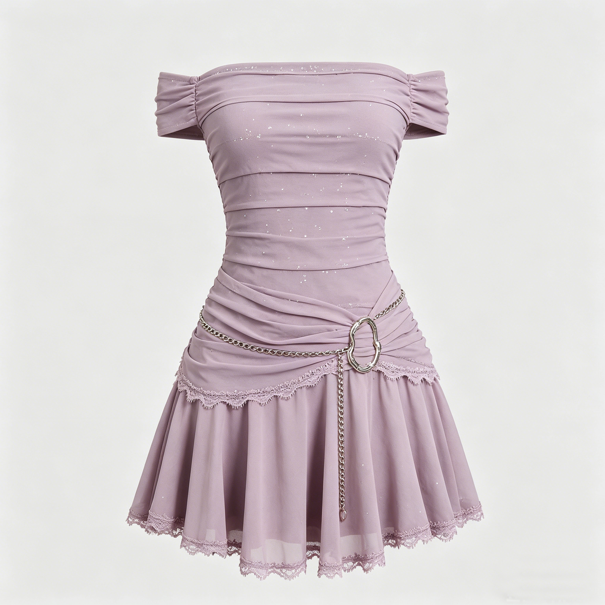 Lavender Off-Shoulder Glitter Chain Lace Mini Dress
