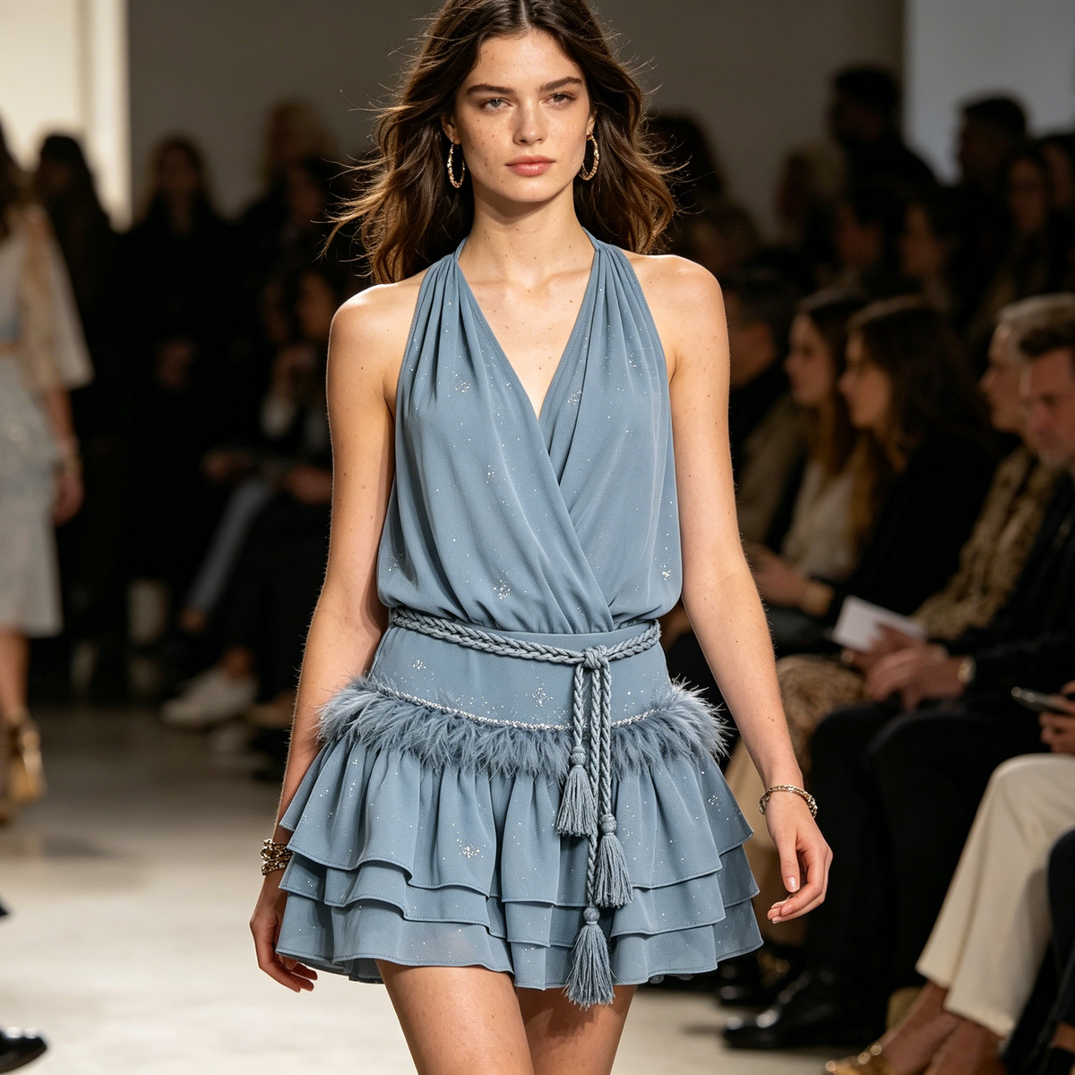 Dusty Blue Halter Glitter Feather Tiered Mini Dress