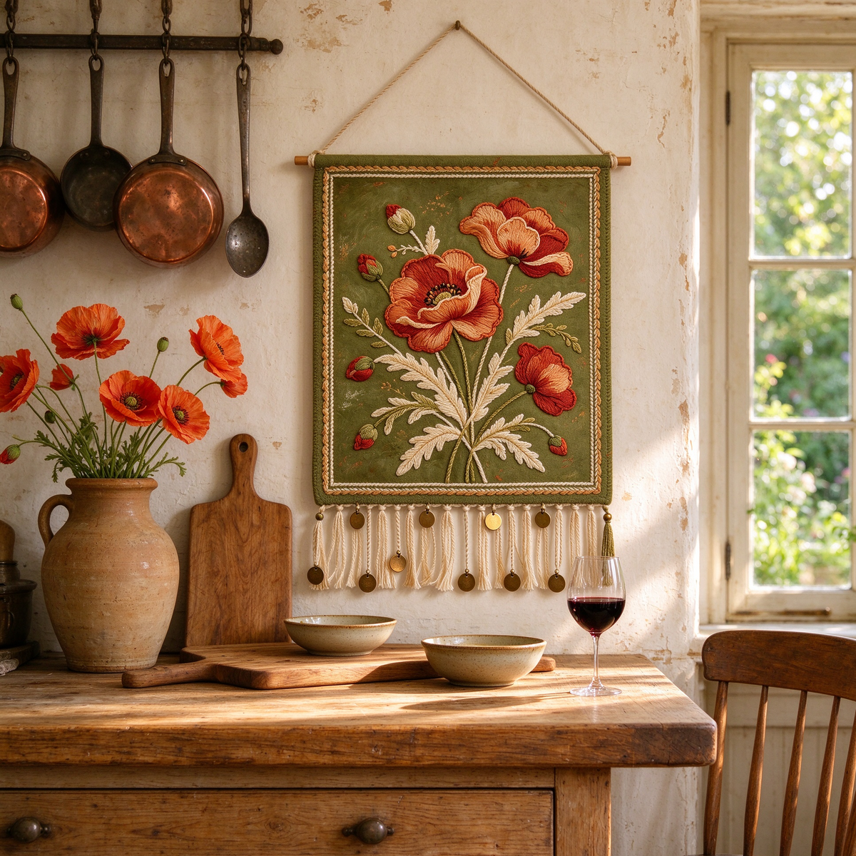 Olive Poppy Coin Fringe Tapestry
