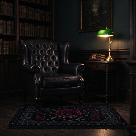 Gothic Black Rose Fringe Rug