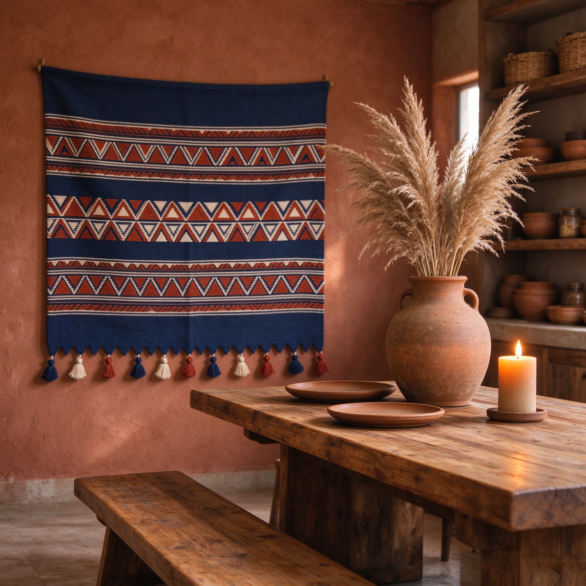 Navy Orange Geometric Tassel Tapestry