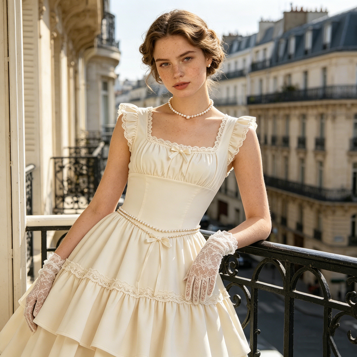 Cream Square Neck Lace Pearl Tiered Midi Dress