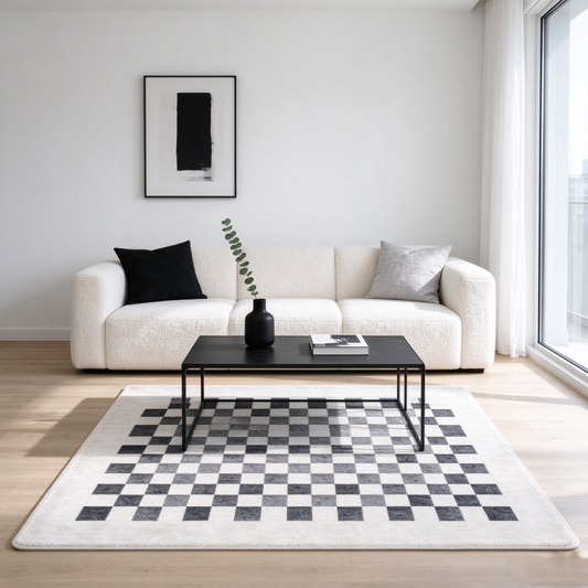 Cream Grey Checkered Square Rug