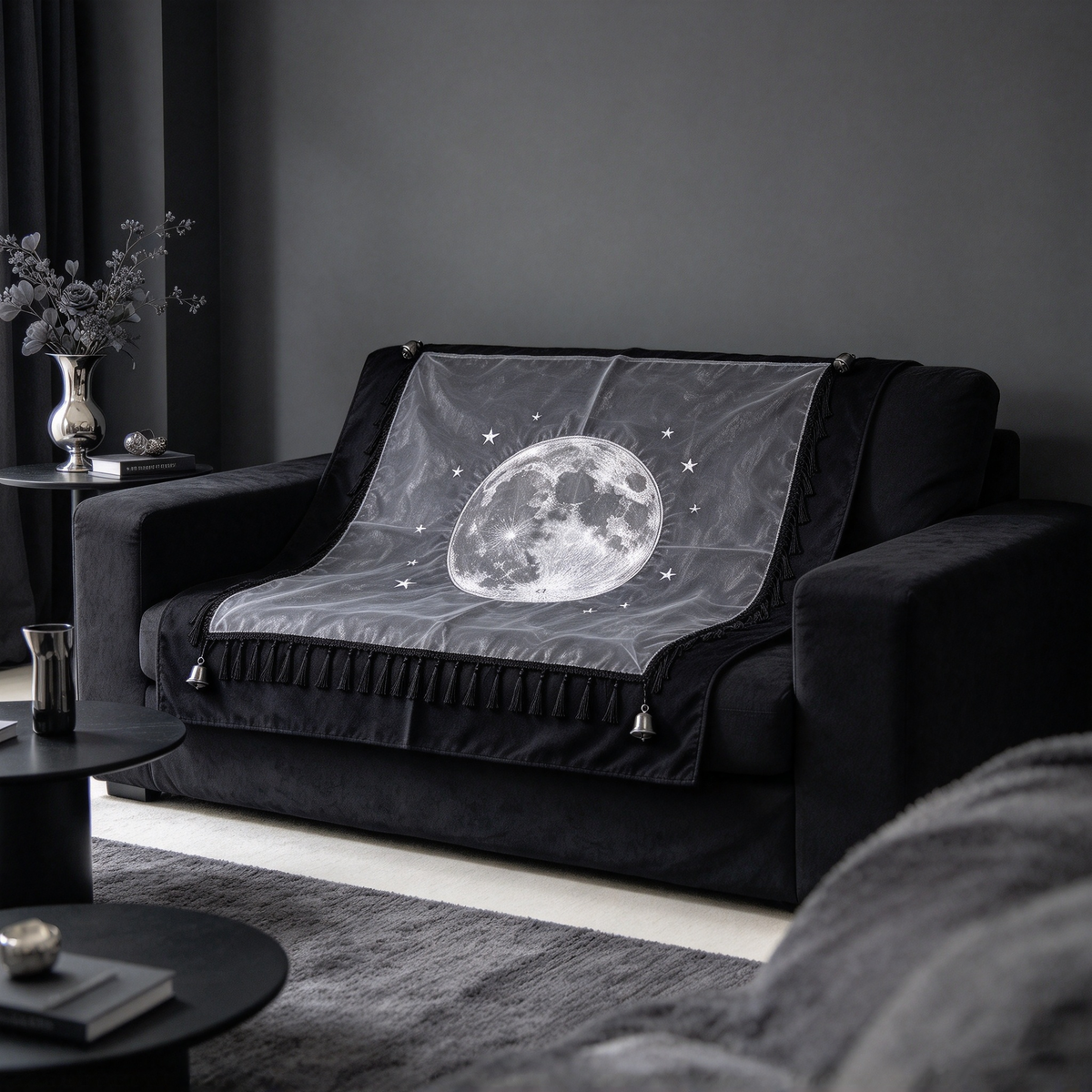 Black Moon Star Fringe Sofa Towel