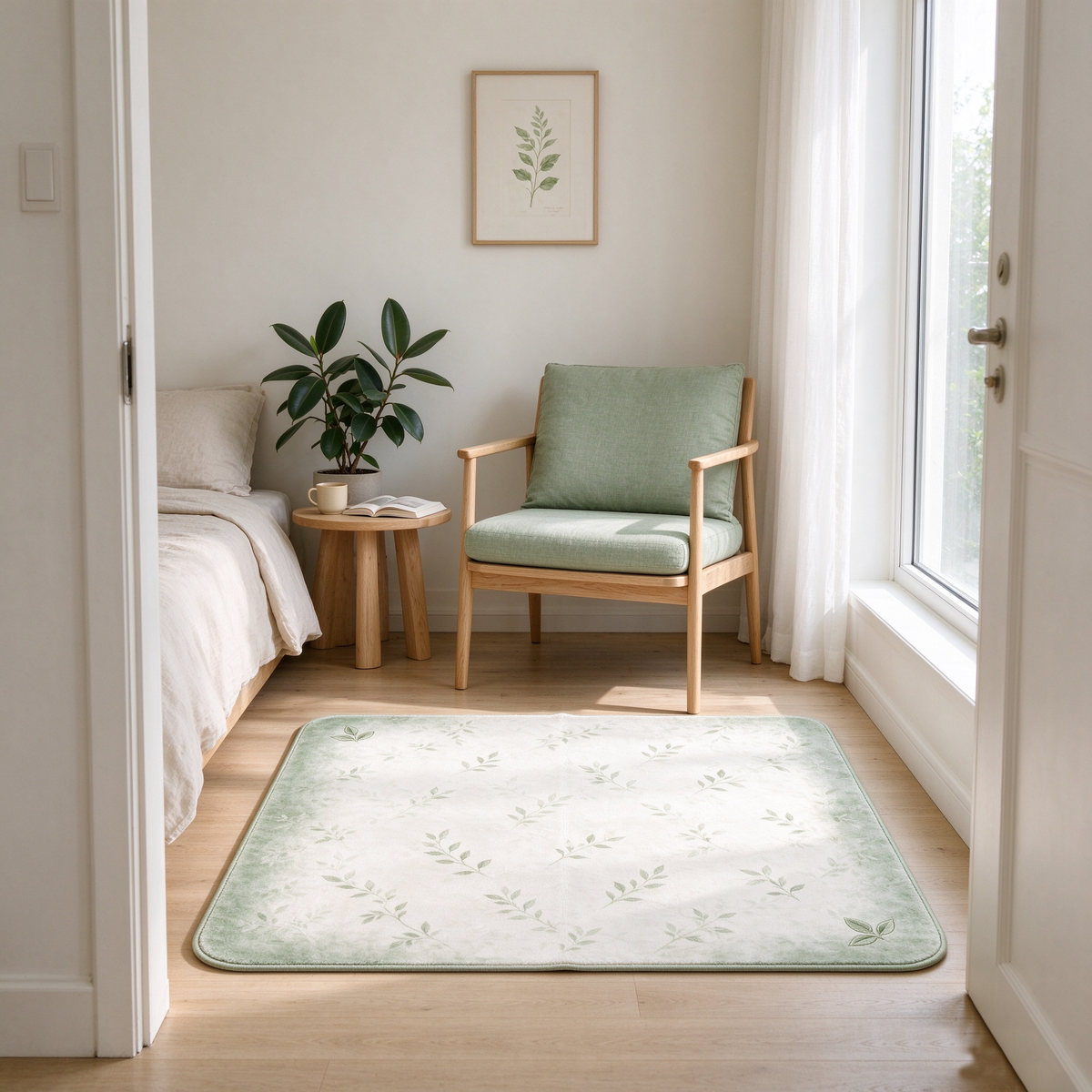 Sage Green Leaf Branch Rectangular Rug