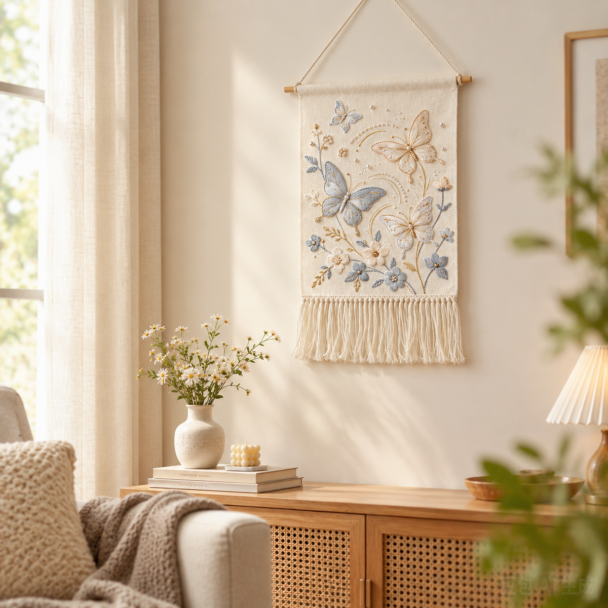 Grey Gold Butterfly Pearl Fringe Tapestry