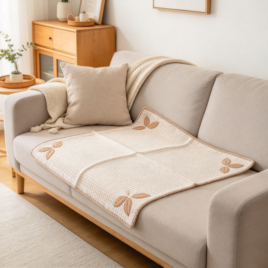 Beige Waffle Leaf Embroidered Sofa Towel