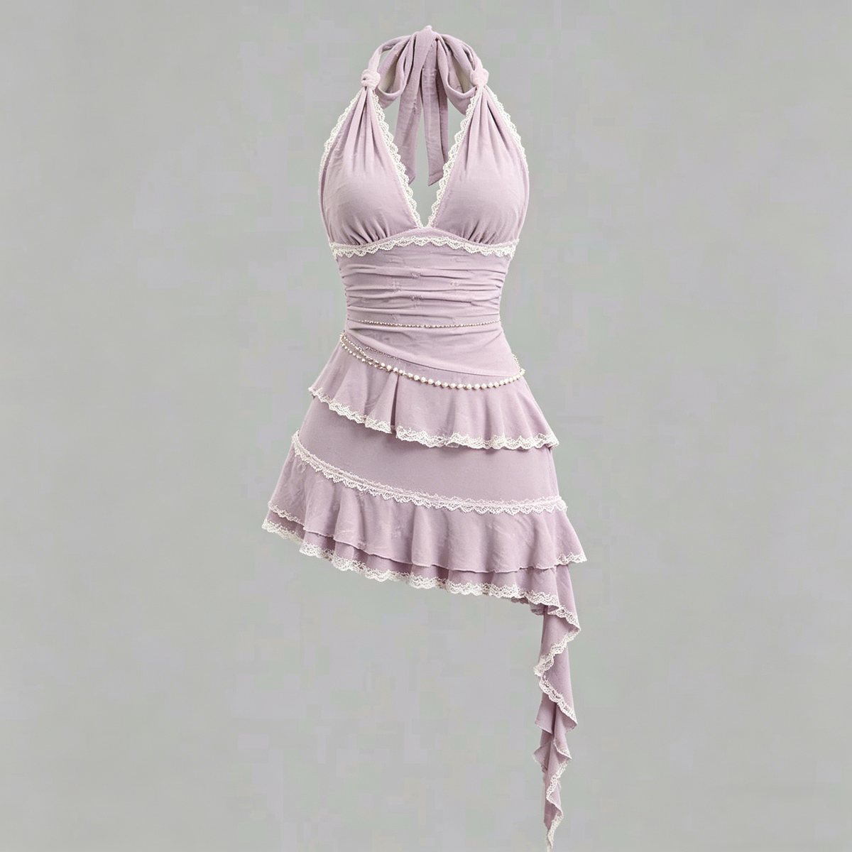Lavender Halter Lace Pearl Asymmetrical Mini Dress