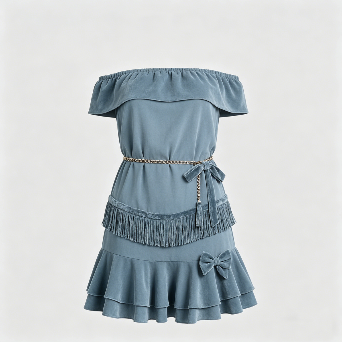 Dusty Blue Off-Shoulder Fringe Bow Mini Dress