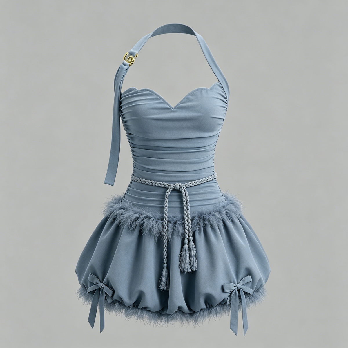 Dusty Blue Halter Sweetheart Feather Bubble Mini Dress