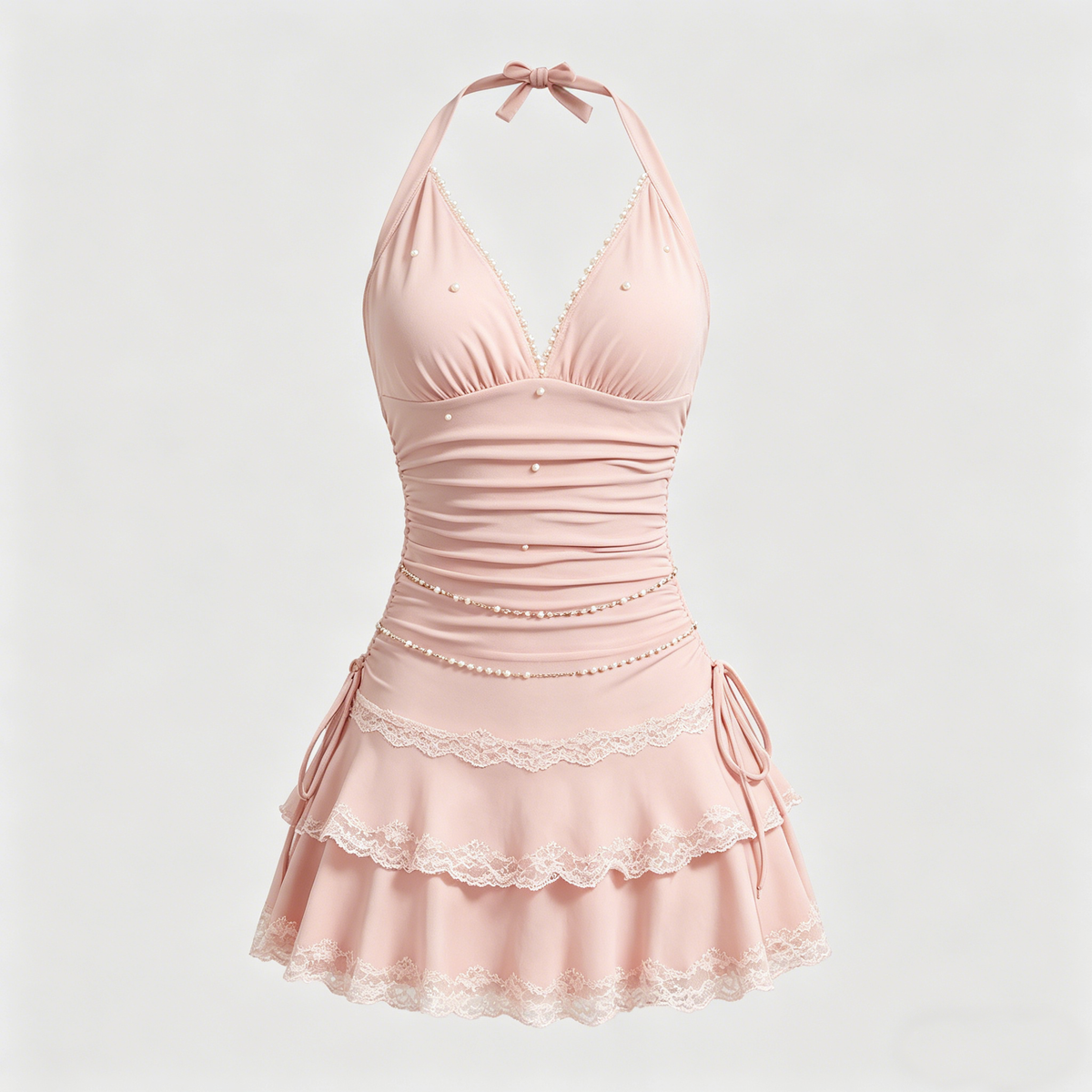 Light Pink Halter Pearl Lace Tiered Mini Dress