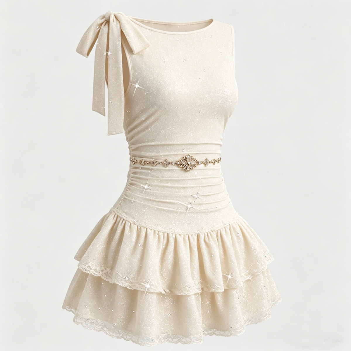 Cream One-Shoulder Bow Glitter Tiered Mini Dress