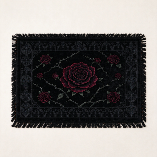 Gothic Black Rose Fringe Rug
