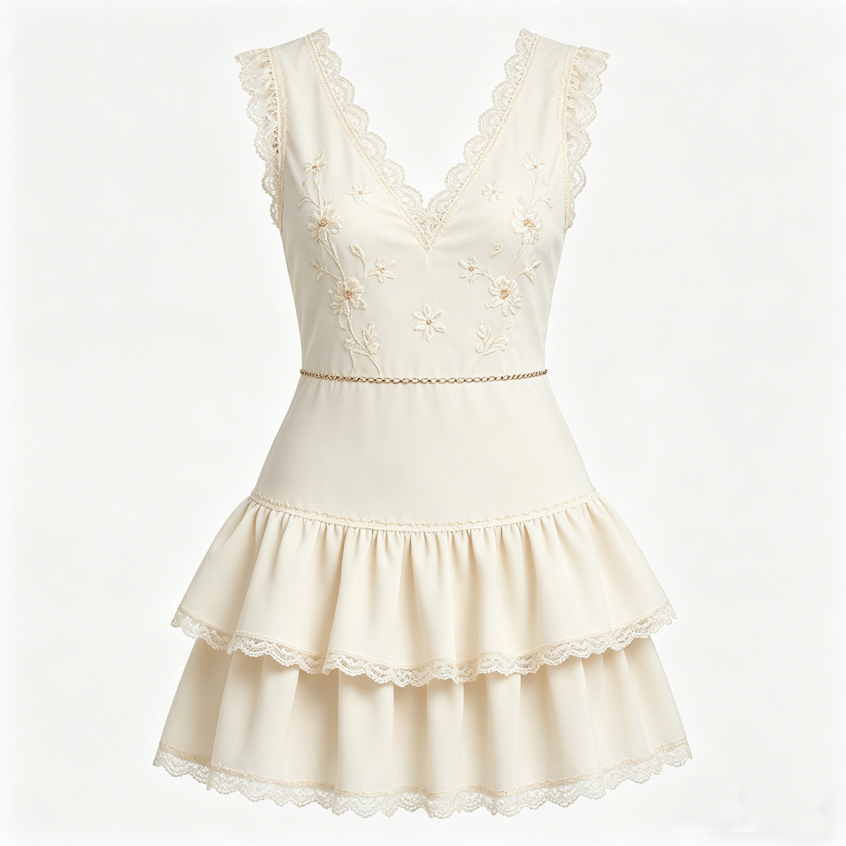 Cream V-Neck Embroidered Lace Tiered Mini Dress