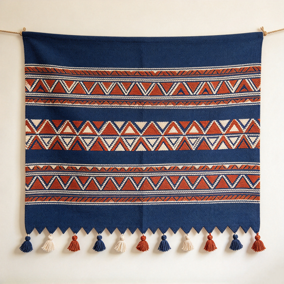 Navy Orange Geometric Tassel Tapestry