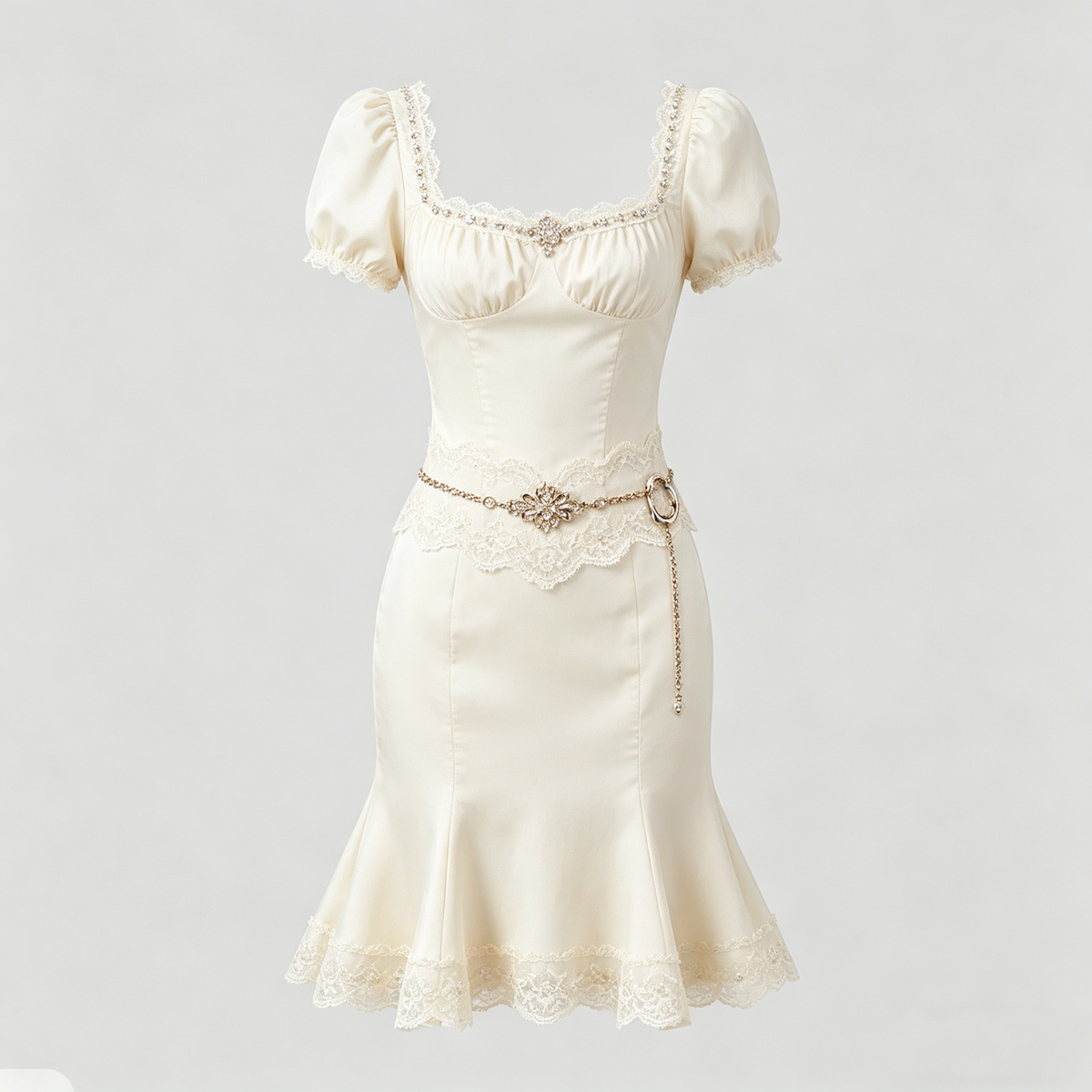 Cream Square Neck Puff Sleeve Lace Rhinestone Midi Dress