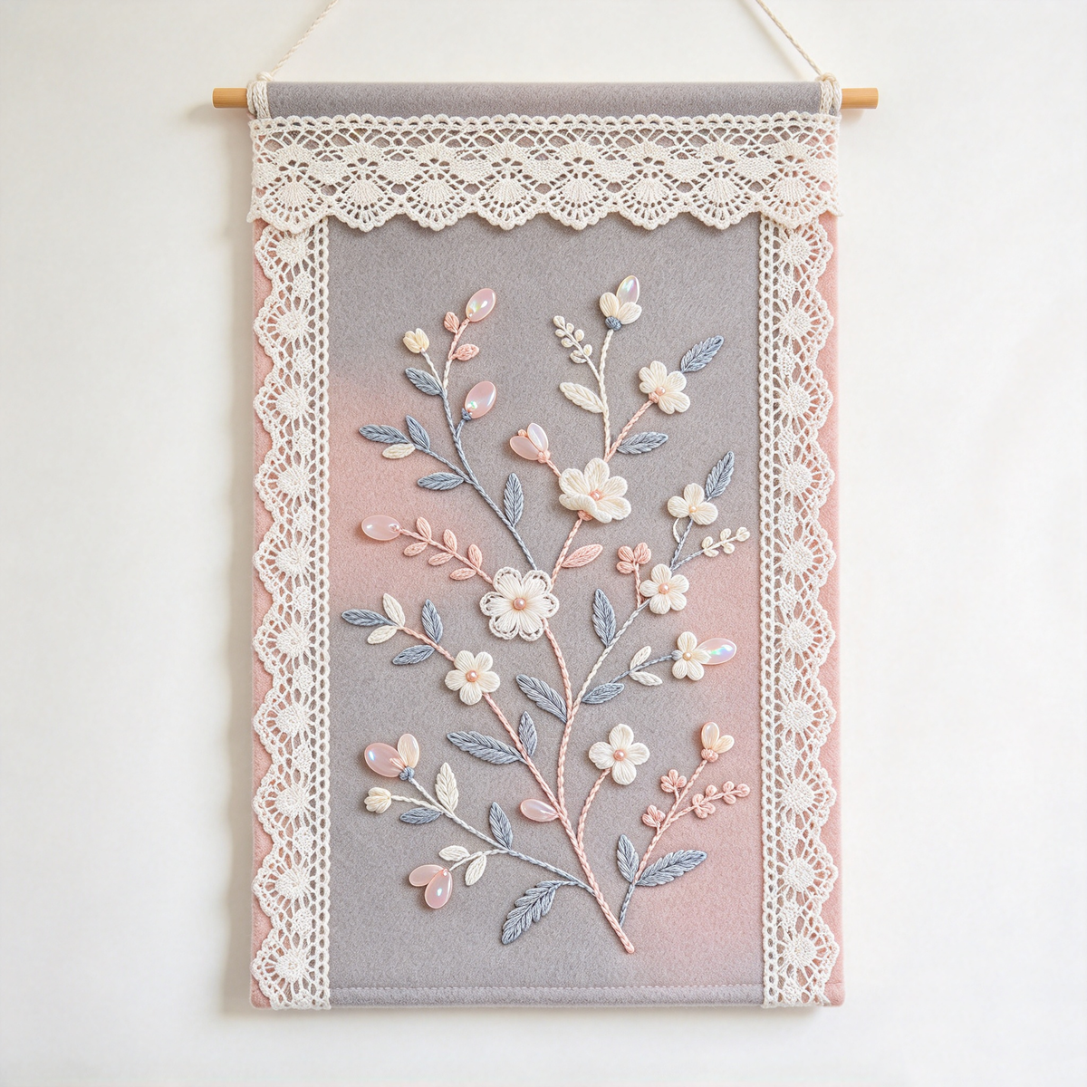 Grey Pink Lace Floral Tapestry
