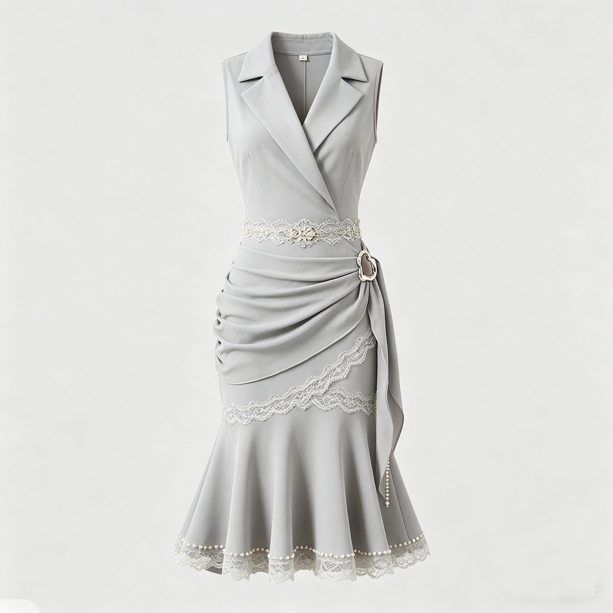Gray Blazer Collar Lace Pearl Asymmetrical Midi Dress