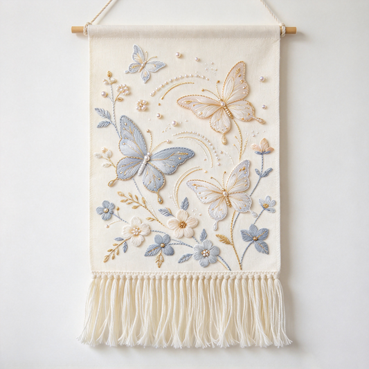 Grey Gold Butterfly Pearl Fringe Tapestry