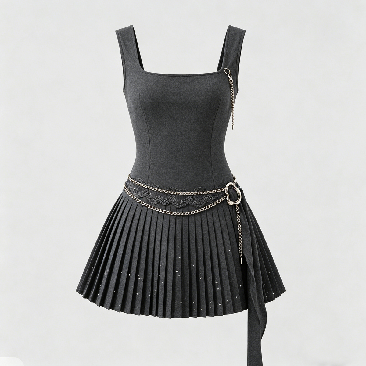 Pleated Chain Strap Mini Dress