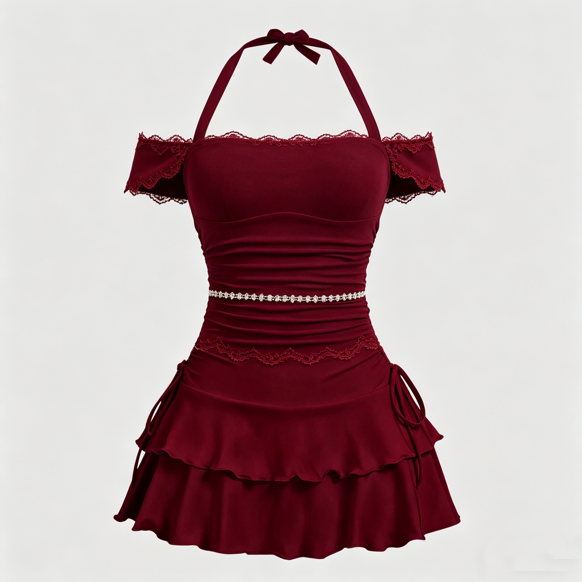 Burgundy Halter Off-Shoulder Lace Rhinestone Mini Dress