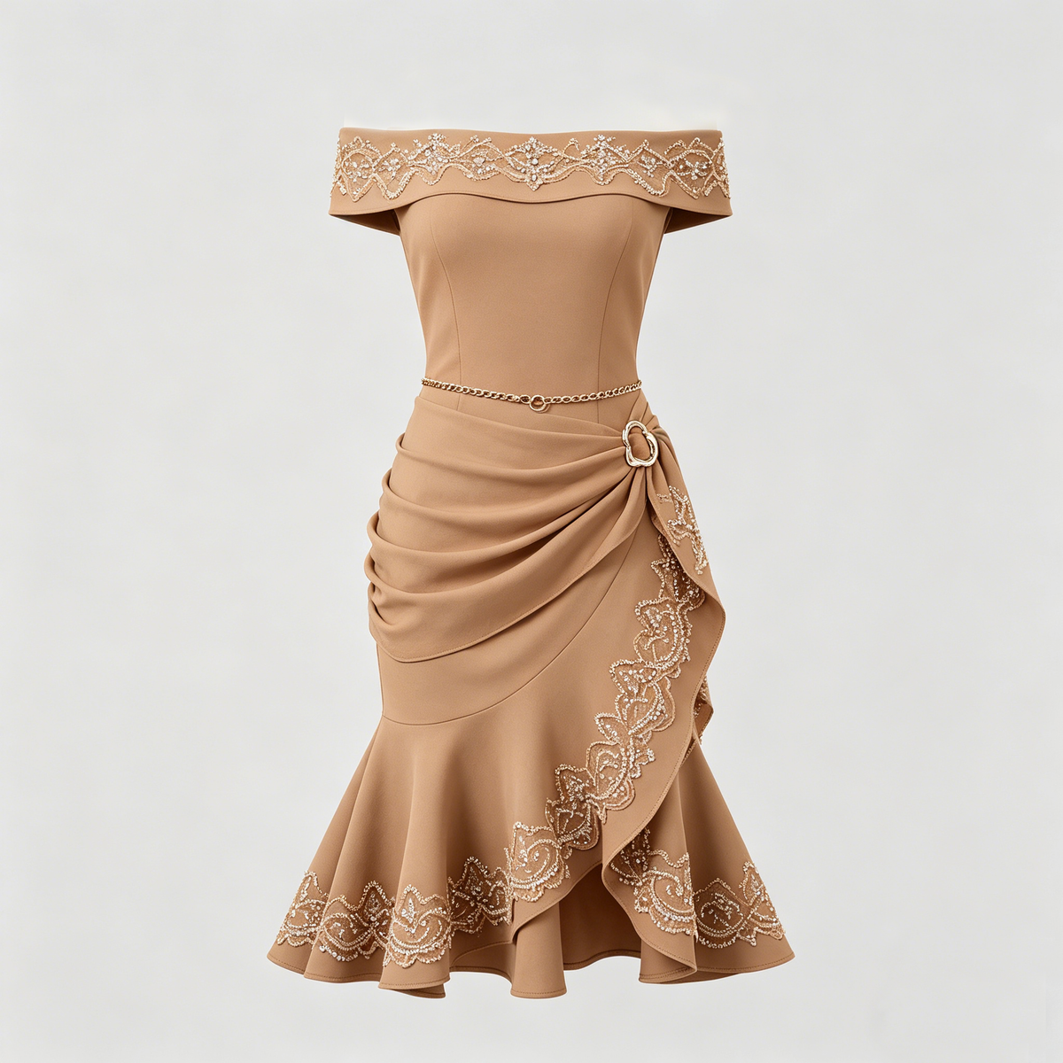 Khaki Off-Shoulder Embroidered Rhinestone Midi Dress