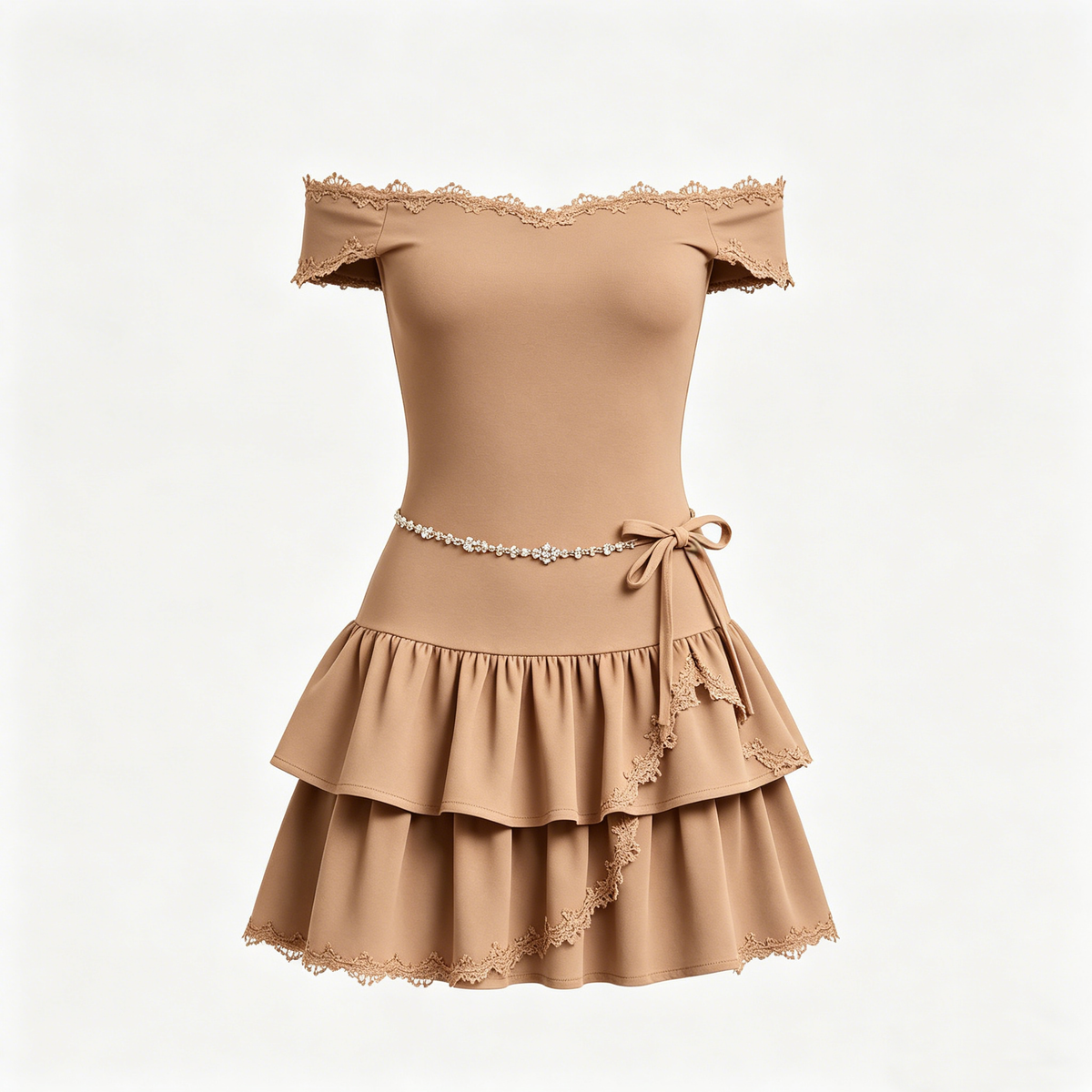 Khaki Off-Shoulder Lace Rhinestone Tiered Mini Dress